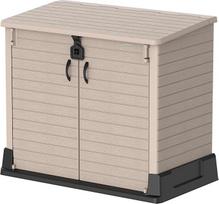 "Duramax Cedargrain StoreAway 850L Plastic Garden Shed - lauko sandėliavimo stoginė, dėžė su šiukšliadėžėmis ant ratų, labai patvari konstrukcija, idealiai tinka įrankiams, kepsninėms ir 2 x 120L šiukšliadėžėms ant ratų, 130 x 74 x 110 cm