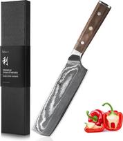 "Wakoli Damask Nakiri" peilis - 18 cm ilgio daržovių peilis, pagamintas iš 67 sluoksnių damaskinio plieno ir VG10 šerdies, riešutmedžio rankena, ergonomiškas aštrus virtuvinis peilis su dovanų dėžute
