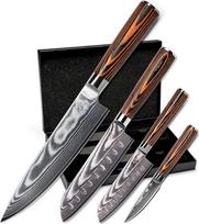 "Wolfblood" 4 damaskinių peilių rinkinys (32, 30, 24 ir 20 cm) Profesionalus damaskinių virtuvės peilių rinkinys, pagamintas iš tikro 67 sluoksnių damaskinio plieno I Damaskinių peilių rinkinys, sudarytas iš virėjo peilio ir peilio "Santoku" su