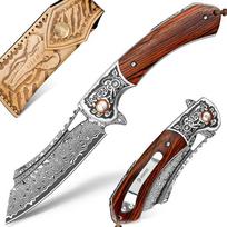 NedFoss Unicorn Damasko vienaragis sulankstomas peilis, 9 cm Damasko kišeninis peilis, pagamintas iš 67 sluoksnių VG10 plieno su medine rankena, mažas viena ranka naudojamas peilis su dėklu ir spaustuku, Damasko peilis medžioklei, išgyvenimo kolekcijai, d
