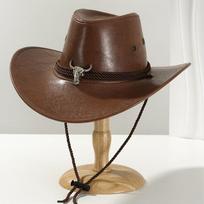 Vintage Faux Leather Western Cowboy Hat For Men Women Outdoor Gentleman Cowgirl Jazz Hats Sombrero Hombre One Size chaki