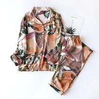 Spring and Summer New 100% Viscose Pajamas Two-piece Long-sleeved Trousers Women's Flowers Comfortable Plus Size Homewear Suit M