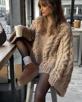 Vintažinis megztas megztinis moterims Elegantiškas kasdienis Oversize puloveris ilgomis rankovėmis Rudens žiemos vienspalvis moteriškas pynėmis megztas megztinis laisvas One Size chaki