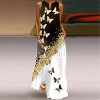 Women's A-line Dress Maxi Long Sleeveless Golden Butterfly Print Autumn and Winter V-neck with a Retro and Elegant Style XS balta