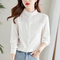 Black Fungus Collar White Shirt for Women Long-sleeved Spring Clothes New Slim Top Pure Cotton Casual Shirt M balta