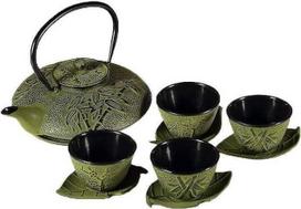 lachineuse ketaus dekoracija - 1 arbatinukas, 4 ketaus puodeliai ir arbatos sietelis - talpa 0,8 l Azijos dekoracija - japoniškų indų dovanų idėja - spalva, žalias bambukas