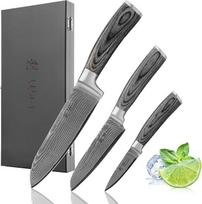 Wakoli Edis Damasko peilių rinkinys iš 3 dalių I "Santoku" peilis, didelis ir mažas peilis bei daržovių peilis Komunalinis peilis, pagamintas iš 67 sluoksnių Damasko plieno su VG10 šerdimi 60±2 HRC I Pakka medinė rankena I Virtuvinis peilis