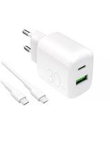 USB-A USB-C sieninis įkroviklis su 30 W 1,2 m USB-C laidu – baltas