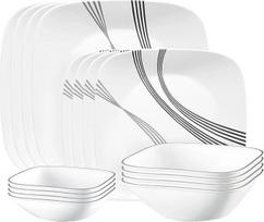 "Corelle Urban Arc" 16 dalių indų rinkinys 4 asmenims, 8 lėkštės, dubenys, atsparus duženoms ir duženoms, vakarienei ir "Corelle" indai balti