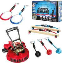 "Slackers USA Ninja Line Starter Set", 11 metrų ilgio virvės, puikus 11 dalių komplektas, kurį taip pat galima naudoti kaip "Slackline", su 7 kliūtimis, treniruokitės kaip nindzės, 980020