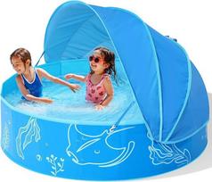 Planschbecken für Kinder mit aufklappbarem Sonnendach - Blauer Outdoor-Pool mit Meeresmotiv