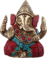 Purpledip hinduistų religinis Dievas Maža statulėlė Viešpaties Ganešos (Ganapathi arba Vinayaka) iš kieto žalvario metalo su turkio spalvos brangakmeniu, skirta stalui, namų šventyklai ar biurui/parduotuvei (10954)