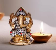 Purpledip hinduizmo religinis dievas Vinajakas/Ganeša/Ganpatis statulėlė: Skulptūra iš gryno žalvario su unikalia vario apdaila ir metaliniais karoliukais, skirta namų šventyklai, biuro stalui ar parduotuvės pudža lentynai | hinduistų religinė dovana (106