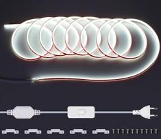 10 m 230 V COB LED juosta, 288 LED/m, vandeniui atspari šviesos juosta, šaltai balta, 6000 K, lanksti didelio tankio šviesos juosta su jungikliu, juostelės namams, DLY apdailai, sodui, virtuvei, miegamajam