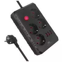 Maclean elektros paskirstytuvas, 4 lizdai + 3xUSB prailginimo laidas, 110–240 V kintama srovė, 50/60 Hz, 2,1 A, maks. 2500 W, 1,5 m, juodas, MCE392 B