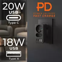 Maitinimo lizdas x2 + 4xUSB Maclean, skirstytuvas su 2 lizdais, 2xUSB A, 2xUSB C PD 20 W, 1x16 A + 1x6 A, MCE249 F/B