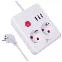 Maclean elektros paskirstytuvas, prailginimo kabelis, 2 lizdai + 3xUSB, 110–240 V kintama srovė, 50/60 Hz, maks. 2,1 A, 2500 W, 1,5 m, baltas, MCE387 W