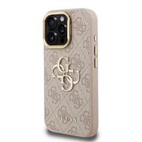 Guess PU 4G Metal Logo Stand Camera Frame Case for iPhone 15 Pro Max / Pink