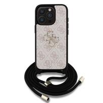 Guess PU 4G Metal Logo Crossbody Strap Case for iPhone 15 Pro Max / Pink
