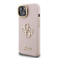 Guess PU Grained 4G Logo Stand Camera Frame Case for iPhone 15 / Pink