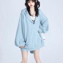 Y2k rudens mielas palaidas dryžuotas triušio ausis megztas gobtuvas Moteriški megztiniai su užtrauktuku Megztiniai megztiniai Kpop Kawaii drabužiai One size smėlis