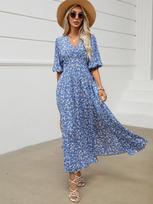 Women Casual Spring Summer Floral Print Bohemian Beach V-neck Short Sleeve A-Line High Waist Elastic Ankle-Length Slit Dress S karališkos mėlynos spalvos