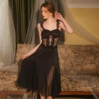 Women's Underwear Autumn Satin Mesh Nightgown with Chest Pad Solid Color Mid-calf Suspender Robe Set M
