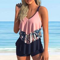 Moteriškas maudymosi kostiumėlis su petnešėlėmis Įvairiaspalvis Lotus Leaves Spausdintas Bikini Tankini maudymosi kostiumėlis S rožinė