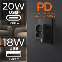 Maclean elektros lizdas x2 + 4xUSB, šakotuvas su 2 lizdais, 2xUSB A, 2xUSB C PD 20W, 1x16A + 1x6A, MCE249 F/B