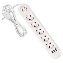 Maclean namų elektros prailgintuvas, 5 lizdai + 3xUSB, 110-240V AC 50/60Hz, 2.1A maksimali 2500W, 1.5m, balta, MCE395 W