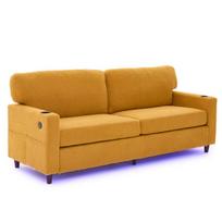 Dvivietė chenille sofa su USB-C, LED juosta, gėrimų laikikliais ir kišenėmis, garstyčių spalvos