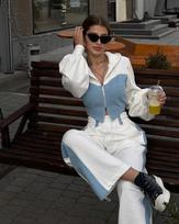 Women's Blue and White Two Tone Hooded Zip Up Tracksuit Set with Wide Leg Pants S balta