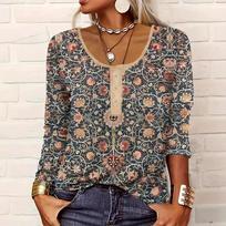 Hot Selling V-Neck Casual Ethnic Style Printed Button Plus Size Women's T-Shirt S chaki