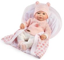 Guca Reborn lėlė kūdikis Lea su rožiniu rombų rašto megztiniu ir pledu, 38 cm