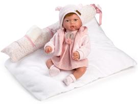Guca Reborn lėlė kūdikis Daniela su tamsiais plaukais, rožine taškuota suknele ir megztuku, 38 cm