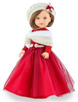 Marina & Pau lėlė Marina Natale su raudona ilga suknele, megztu šalikėliu ir kepuraite, 40 cm