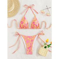 Triangle String Bikinis 2025 Printed Swimwear Female Sexy Brazilian Swimsuit Women Bathers Bathing Swimming Swim Suit Beachwear S karšta rožinė spalva