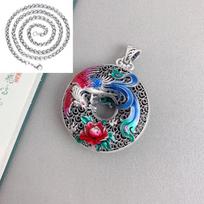 New In Charms Chinese Style Carven Colorful Enamel Phoenix Peony Flower Necklace For Women Round Hollow Pendant Jewelry 45cm
