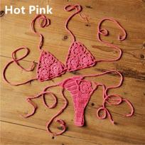 Rankų darbo nertas mini bikini komplektas - Paplūdimio mikro maudymosi kostiumėlis deginimuisi Medium karšta rožinė spalva