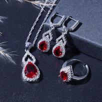 Elegant Red Crystal  Plated Water Drop Wedding  Jewelry Sets For Women Earrings Necklace Adjustable Ring Bracelet resizable