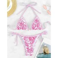 2025 Halter String Triangle Two Piece Bikini Women Swimwear Female Swimsuit Bathers Bathing Swimming Suit Beachwear Summer S rožinė