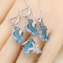 Sky Blue Semi-Precious  Color Jewelry Sets With Bracelet For Women Necklace Pendant Earrings Ring Birthday Gift SKY BLUE&6