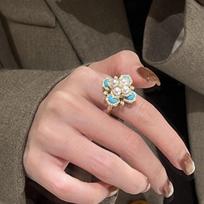 Light Luxury Retro Palace Style Inlaid With Diamonds Turquoise Rings For Women Exquisite Pearl Ring Wedding Fine Jewelry resizable