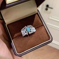 Vintage Diamond Inlaid Pearl Turquoise Ring Light Luxury High-End Romantic Rings For Women Fashion Jewelry Gifts resizable