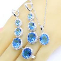 Light Blue Semi-Precious  Color Jewelry Sets For Women Wedding Bracelet Necklace Pendant Earrings Ring With Gift Box 9