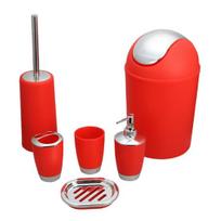 6Pcs Lotion Bottle Toothbrush Mouthwash Cup Waste Bin Bathroom Accessory Set raudona