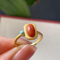 Exquisite Artistic Style Southern Red Tourmaline Square Rings For Women Inlay Turquoise Simple Charm Jewelry Adjustable resizable