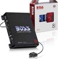 "Boss Audio Systems R1100MK" automobilinis stiprintuvas ir 8 gauge laidų rinkinys - 1100 W maksimalios galios, 2-4 omų stabilus, A/B klasės, monoblokas, "Mosfet" maitinimo šaltinis, nuotolinio valdymo pultas