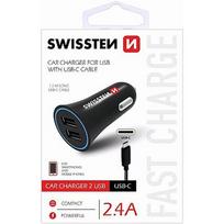 Swissten Premium Car charger 12 / 24V / 1A + 2.1A + USB-C Data Cable 100 cm Black SW-CCH-2.4ATYPC-B