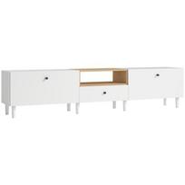 200 cm TV spintelė televizoriams iki 90 colių, 2 atidaromi skyriai, atviras skyrius, stalčius, 8 kojelės, MDP, balta